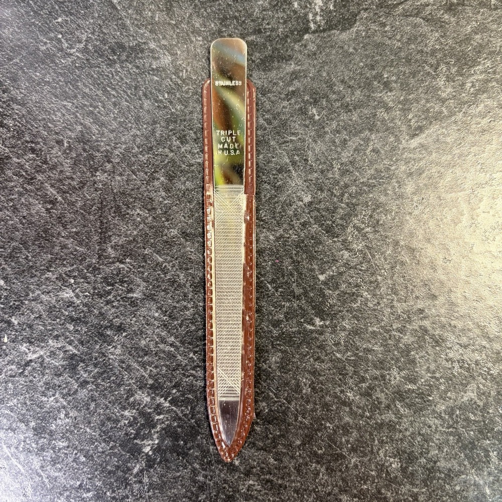 Vtg Stainless Steel Triple Cut 7" Nail File Pointed Tip‎ Double Sided Sheath USA